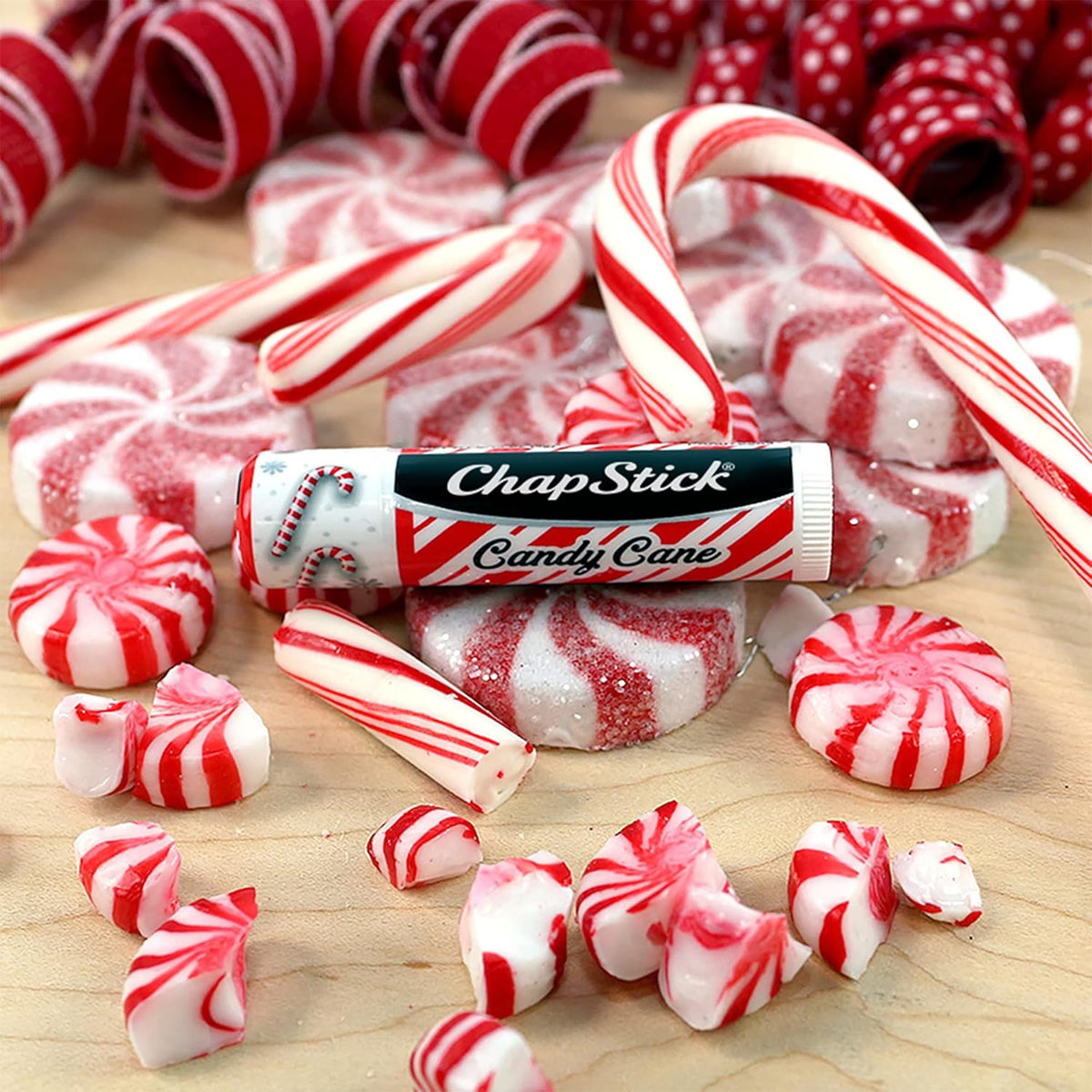 Close-up of ChapStick Candy Cane tube showing minty flavour