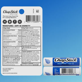 Close-up of ChapStick Moisture + SPF 15 Lip Balm packaging