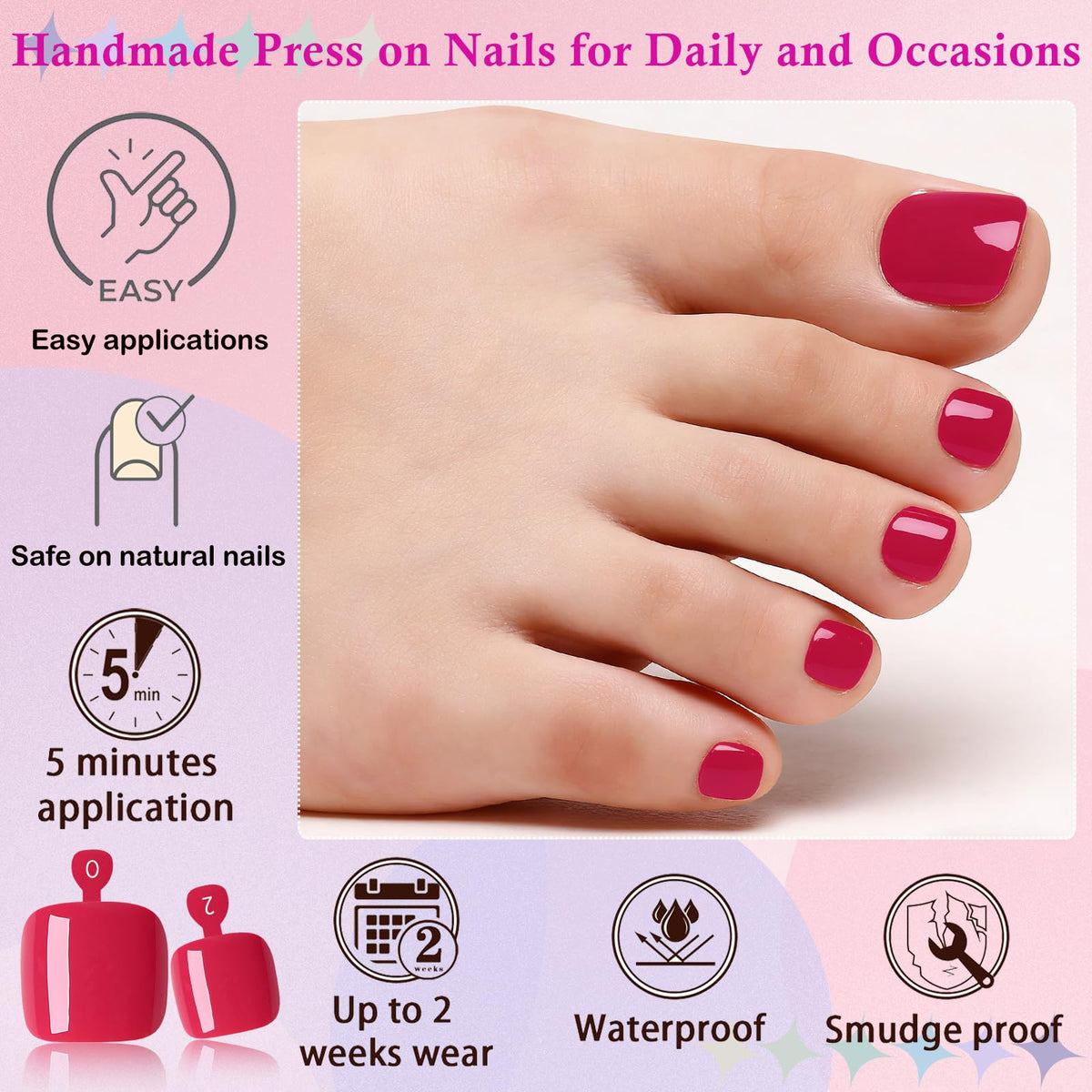 Close-up of cherry red fake toenails with adhesive tabs