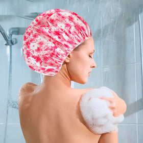 Close-up of CHFONG shower cap showing water-resistant material