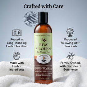 Close-up of Christopher's BF&C Shampoo label and ingredients