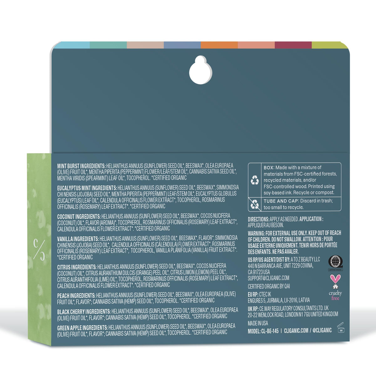 Close-up of Cliganic lip balm in Eucalyptus Mint flavour