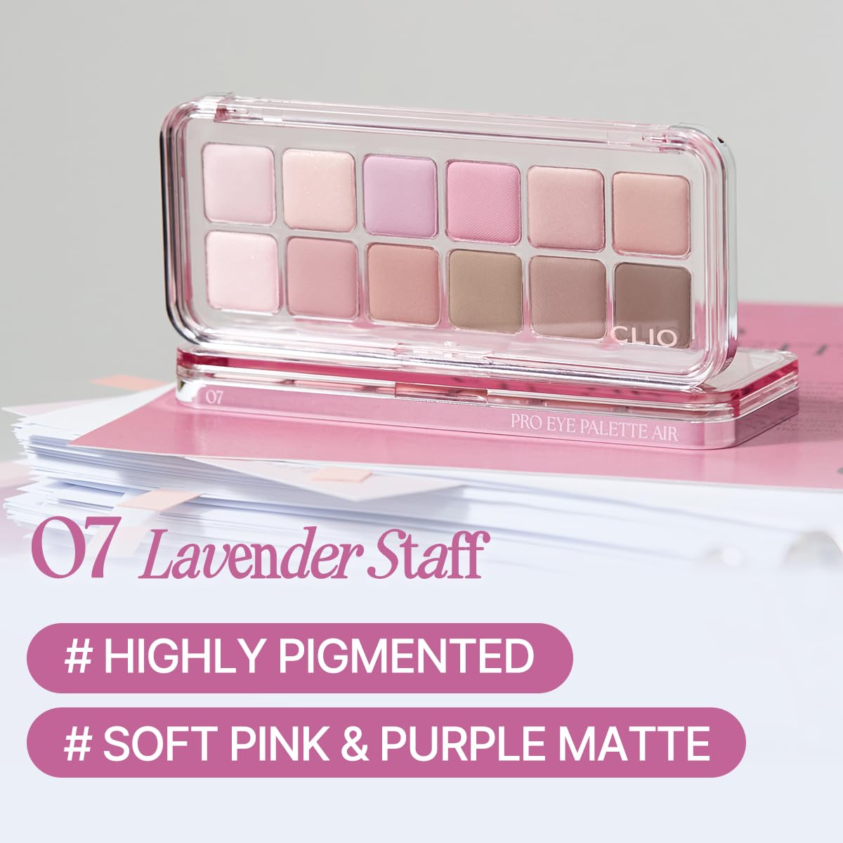 Close-up of CLIO PROFESSIONAL Pro Eye Palette Air showing matte and shimmer shades