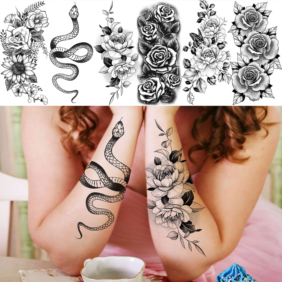 Close-up of COKTAK large arm temporary tattoos featuring intricate designs