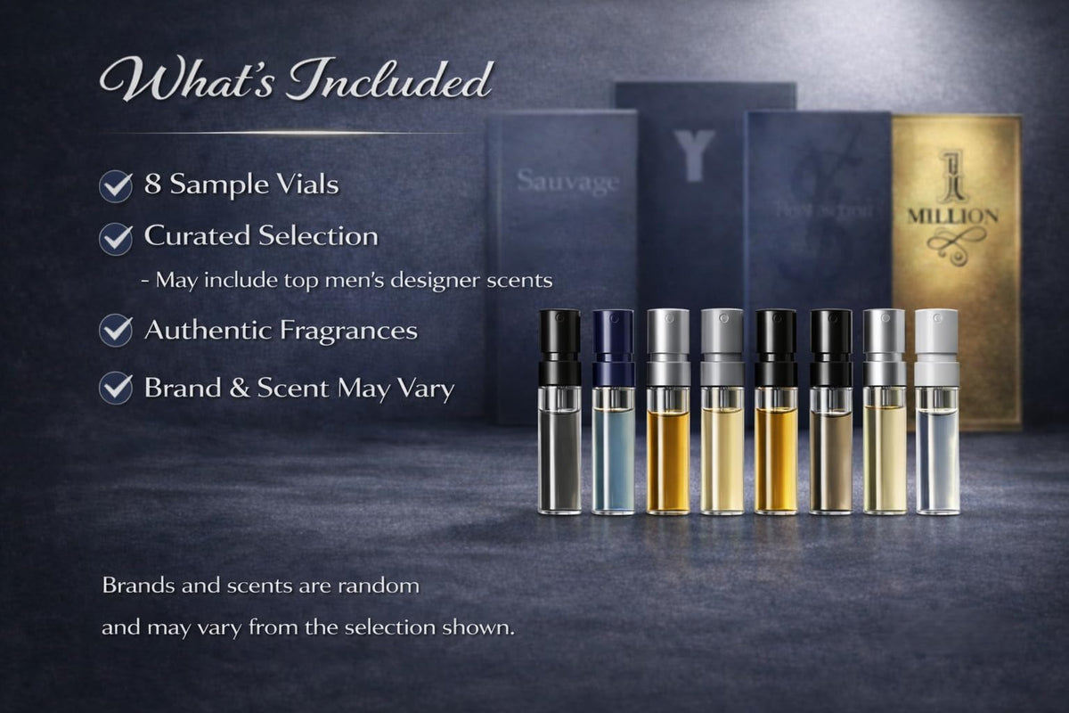 Close-up of cologne vials in the sampler set