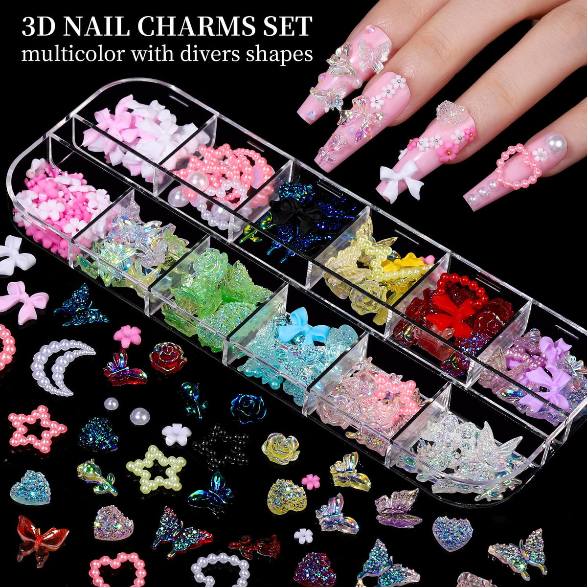 Close-up of colorful 3D nail charms in Fandamei kit