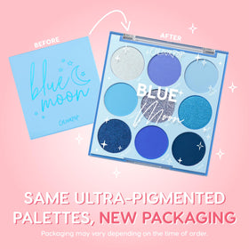 Close-up of ColourPop Blue Moon Eyeshadow Palette showing matte and metallic finishes