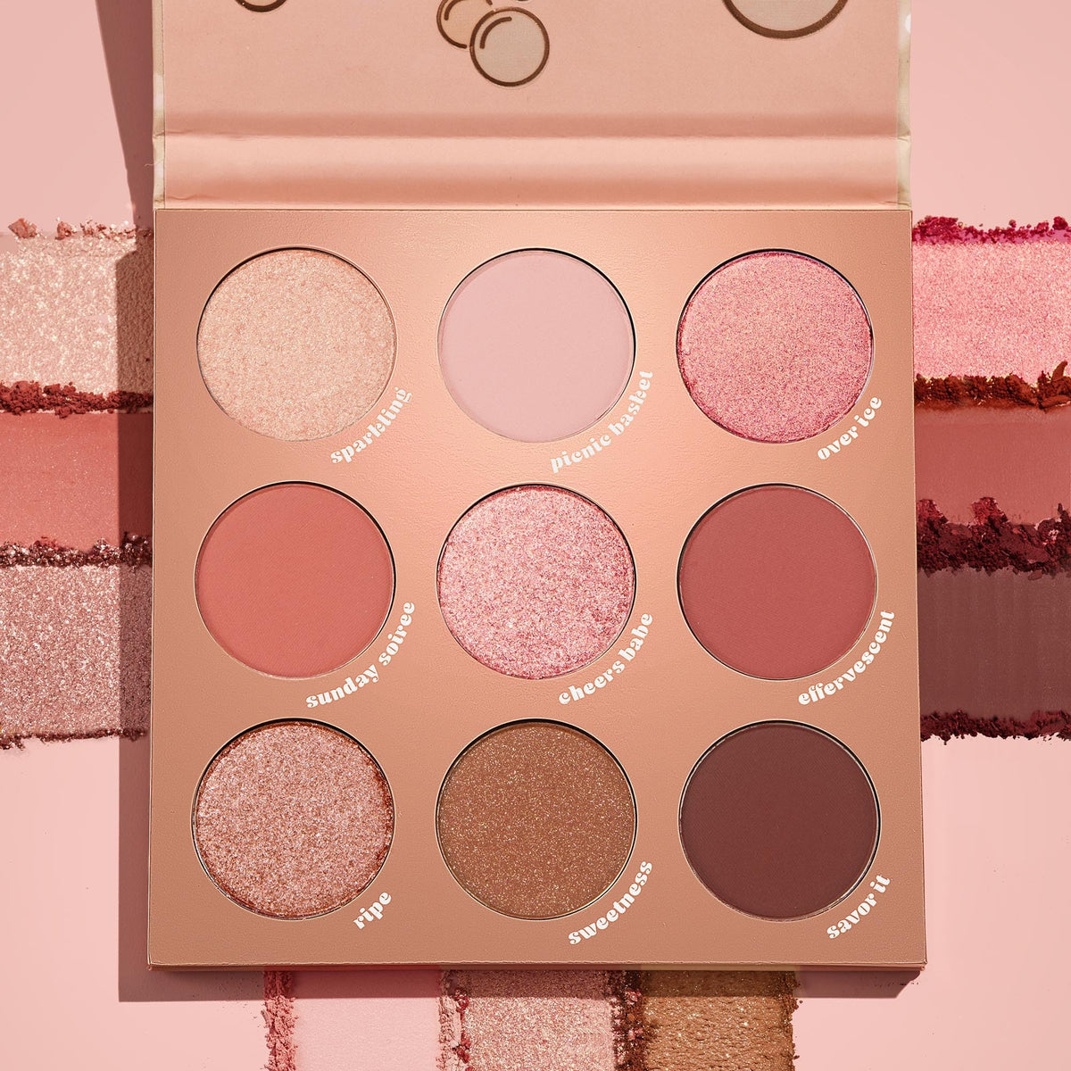 Close-up of ColourPop By The Rosé Eyeshadow Palette showing metallic and matte finishes