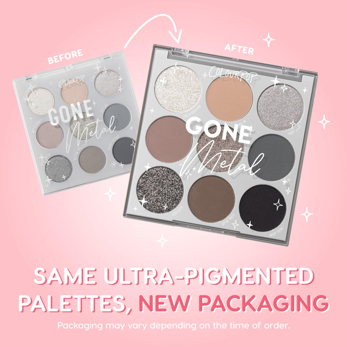 Close-up of ColourPop Eyeshadow Palette Gone Metal matte and metallic finishes