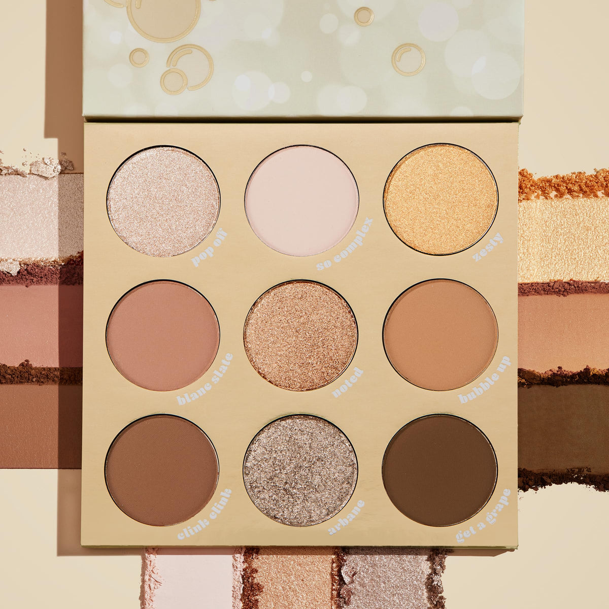 Close-up of ColourPop Feelin' Bubbly Palette showing metallic finishes