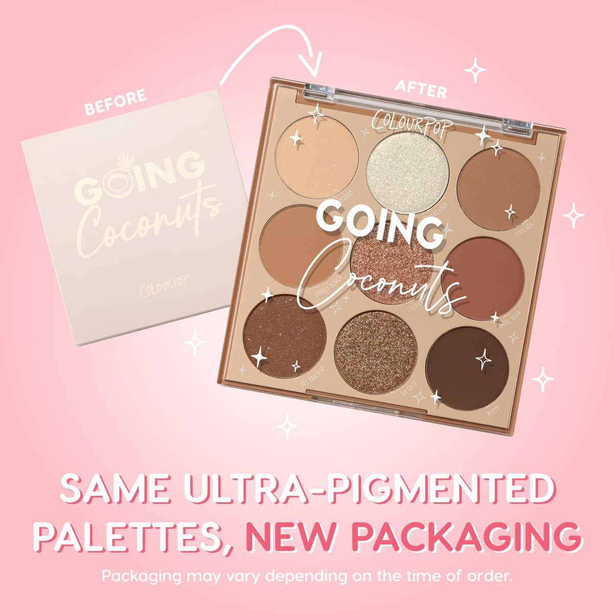 Close-up of ColourPop Going Coconuts Eyeshadow Palette shades