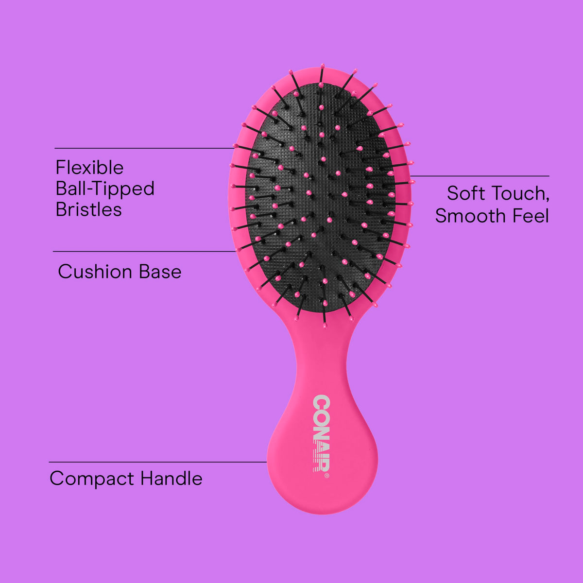 Close-up of Conair Mini Hair Brush with soft bristles