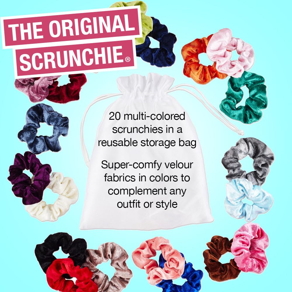 Close-up of Conair velvet scrunchies showing texture and colour variety