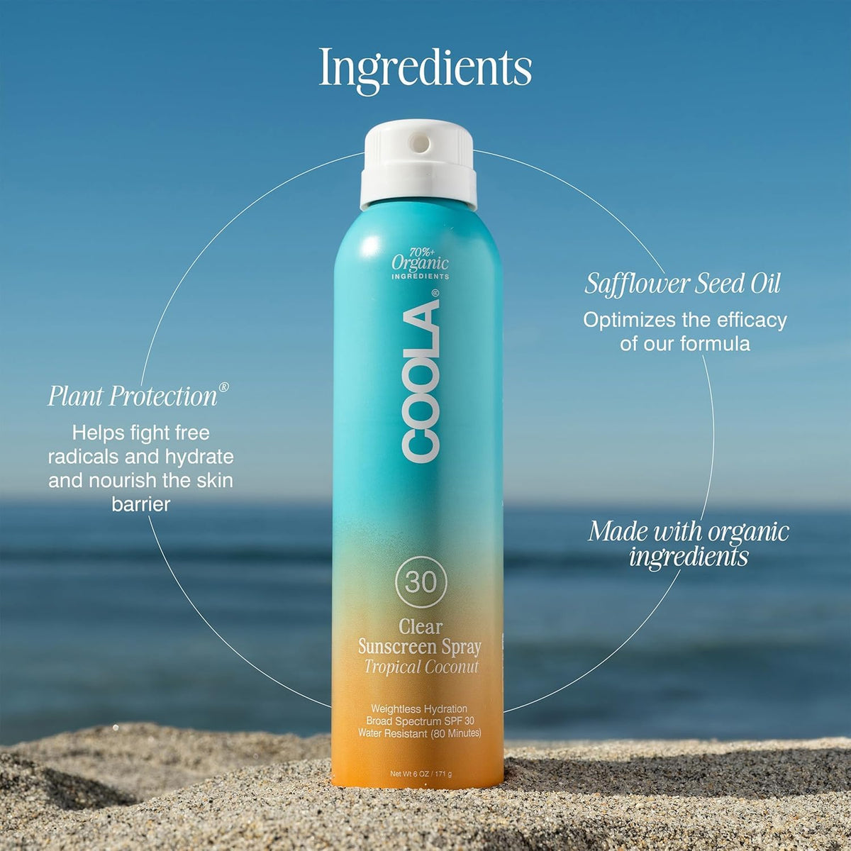 Close-up of COOLA Organic Sunscreen SPF 30 Tropical Coconut Spray nozzle