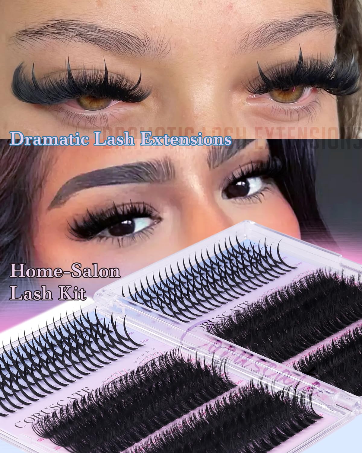 Close-up of CORUSCATE lash clusters in various lengths