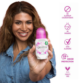 Close-up of Crystal Essence Mineral Roll-On Deodorant bottle