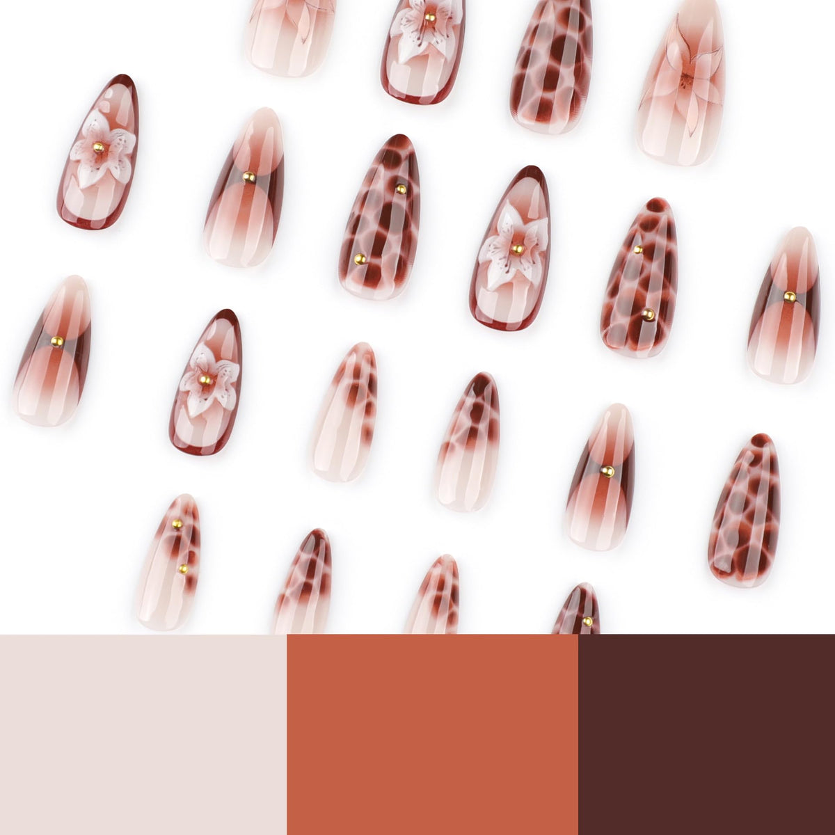 Close-up of CTTHNBD almond press on nails showing floral pattern