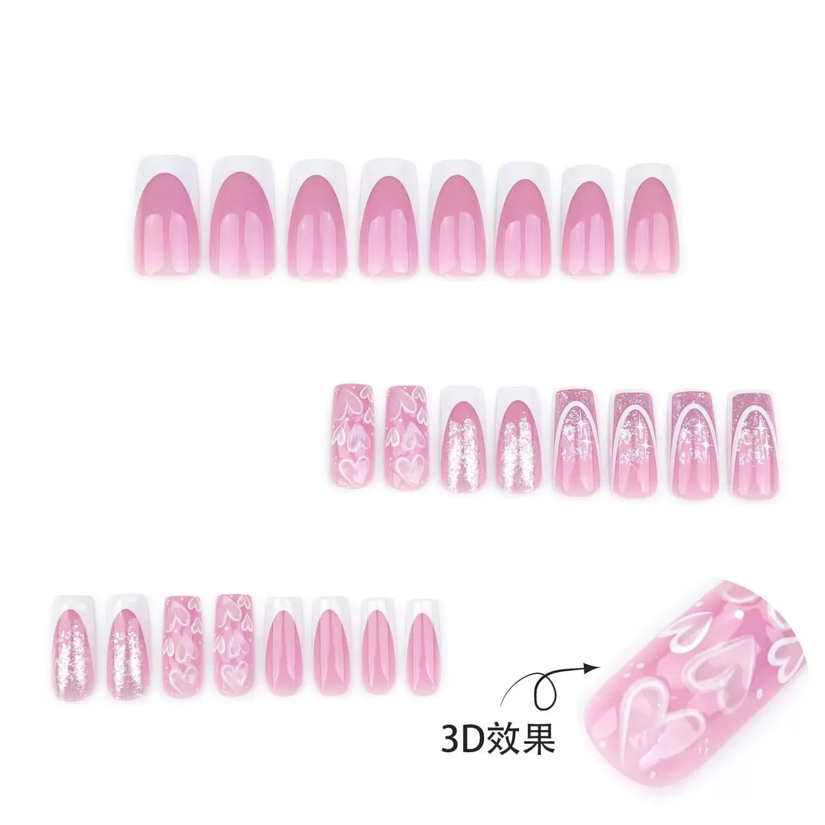 Close-up of CTTHNBD heart design on medium pink press on nails