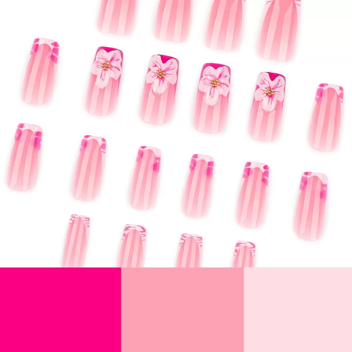 Close-up of CTTHNBD pink press on nails with 3D flower detail
