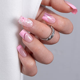Close-up of CurvLife Pink Symphony Press On Nails showing gel finish