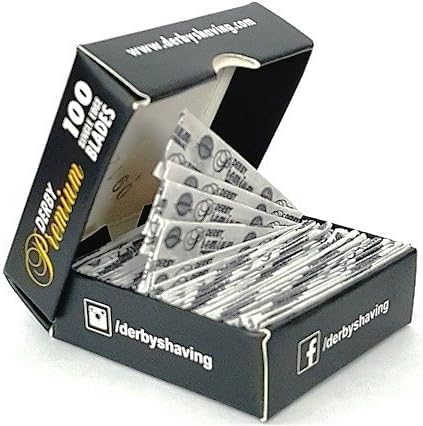 Close-up of Derby Single Edge Razor Blades packaging