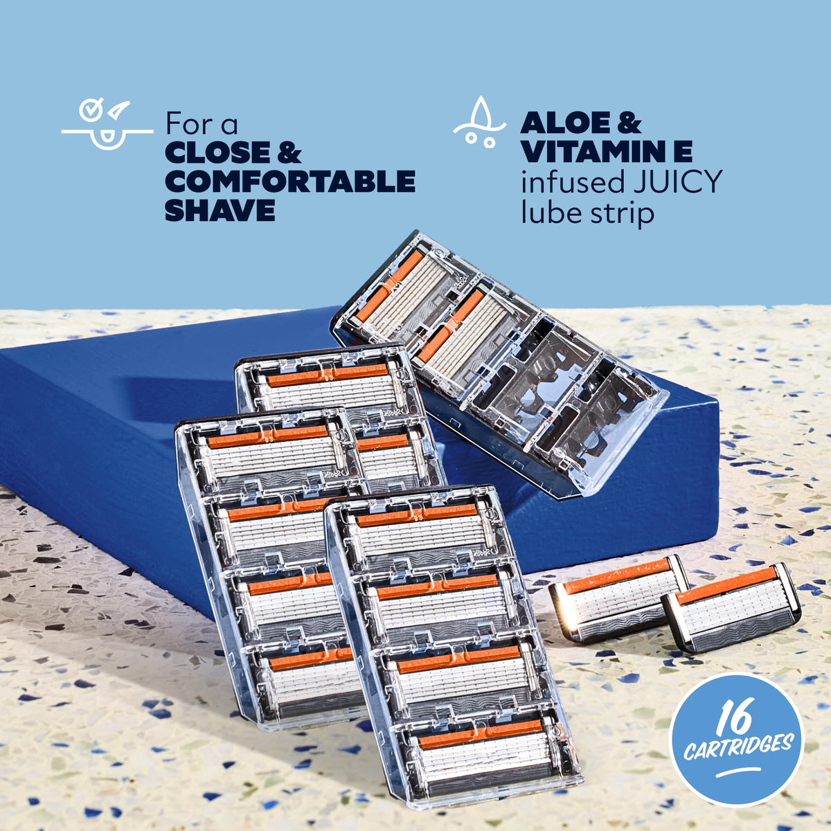 Close-up of Dollar Shave Club 6 Blade Razor with lubricant strip