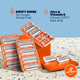 Close-up of Dollar Shave Club razor blade with JUICY Lubricant Strip