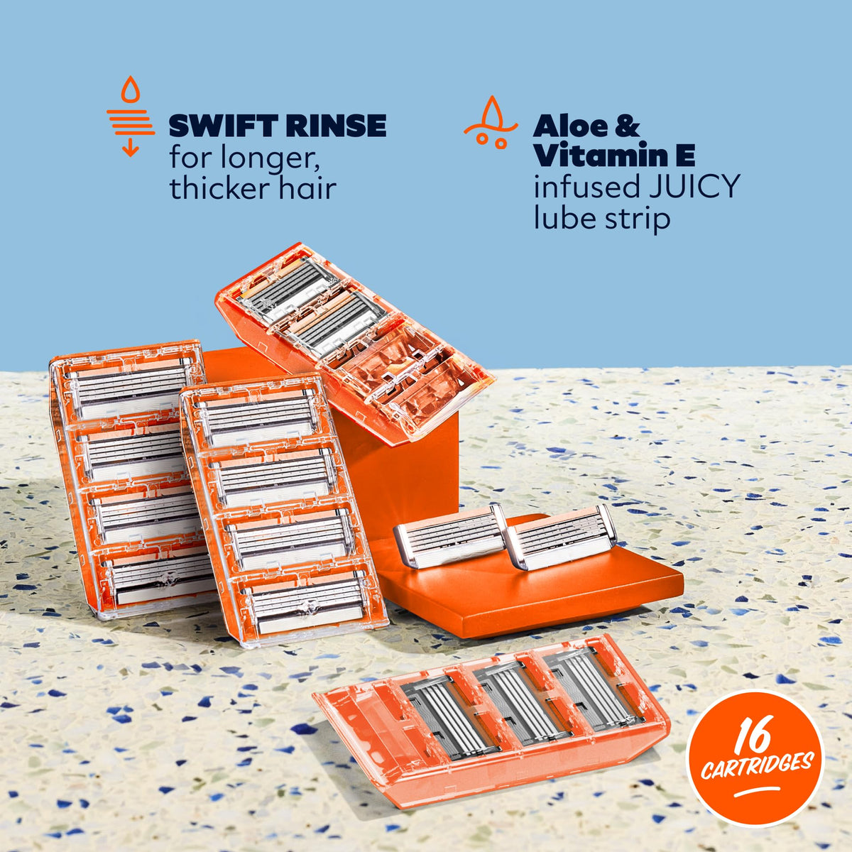 Close-up of Dollar Shave Club razor blades showing precision cut
