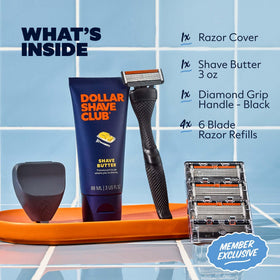 Close-up of Dollar Shave Club razor handle with diamond grip