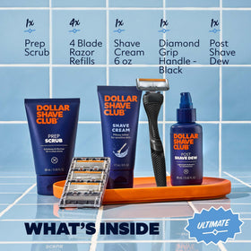 Close-up of Dollar Shave Club razor with six stainless steel blades