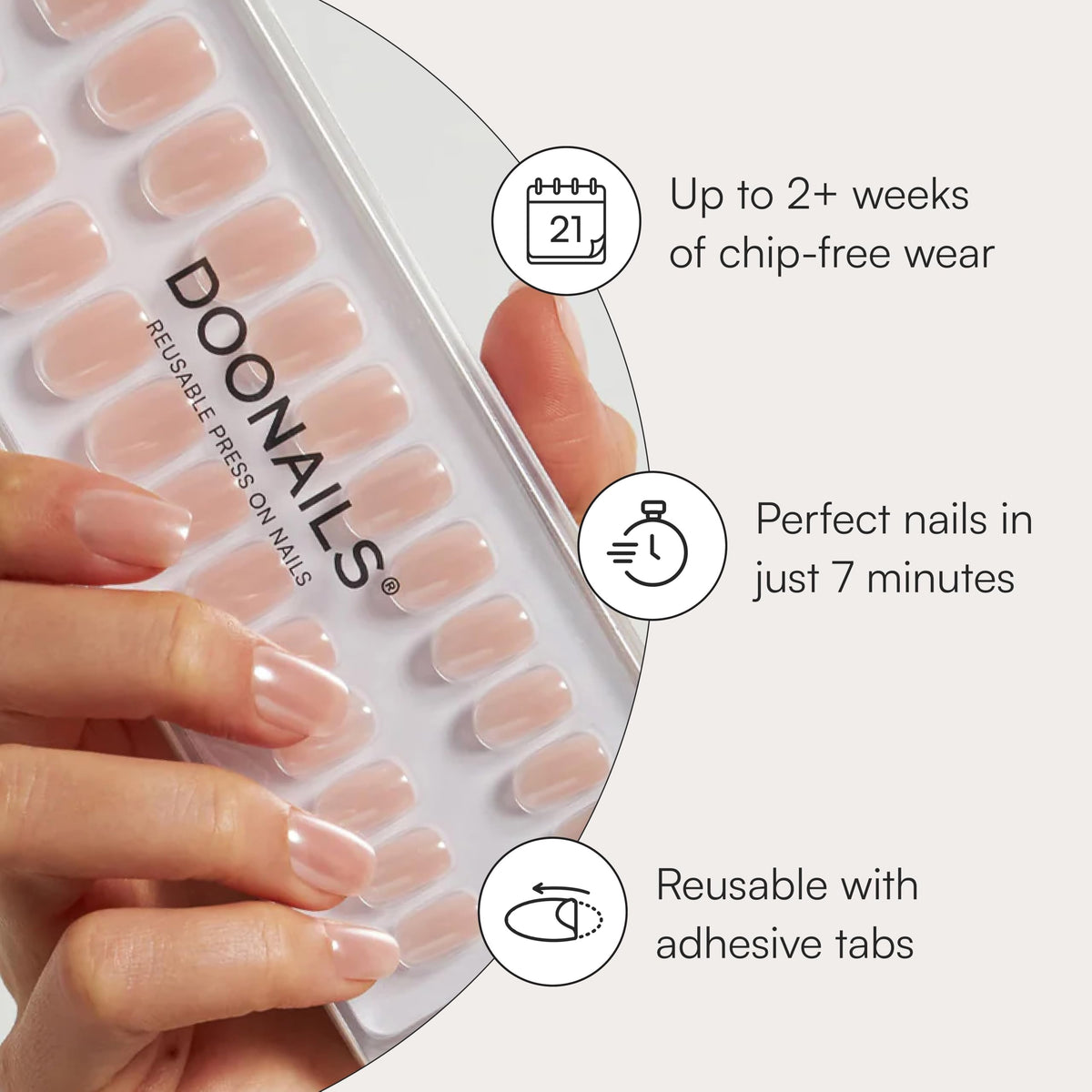 Close-up of Doonails adhesive tabs and rosewood cuticle stick