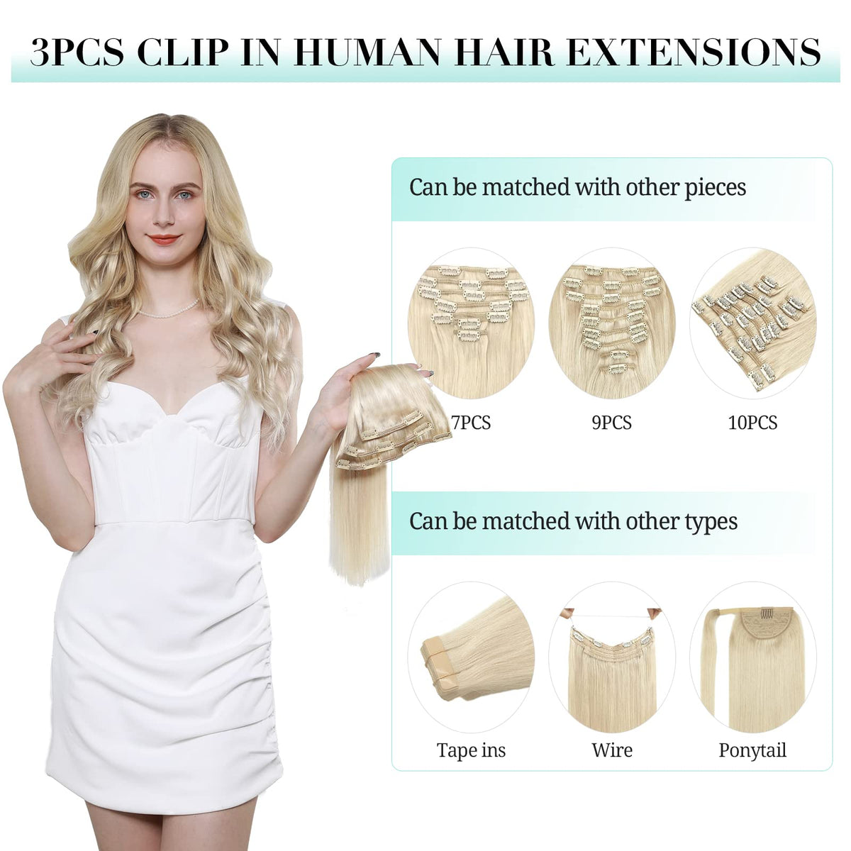 Close-up of DOORES clip in hair extensions showing stainless steel clips