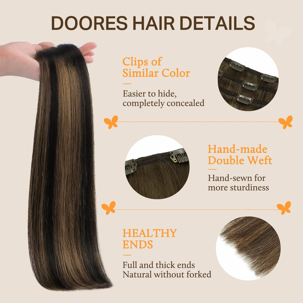 Close-up of DOORES Clip in Hair Extensions U-shaped clips
