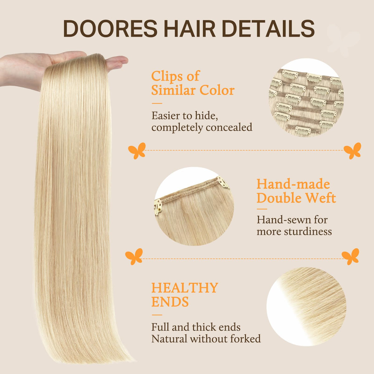 Close-up of DOORES Clip in Hair Extensions U-shaped metal clips