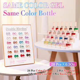 Close-up of Double Rhythm 15ml gel polish bottles in various colours