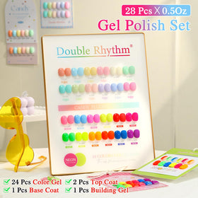 Close-up of Double Rhythm 15ml gel polish bottles in vibrant colours