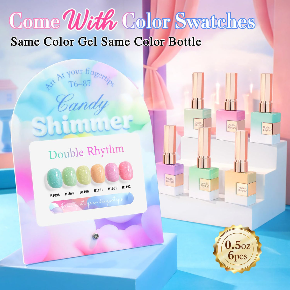 Close-up of Double Rhythm Gel Nail Polish bottles with colour swatches
