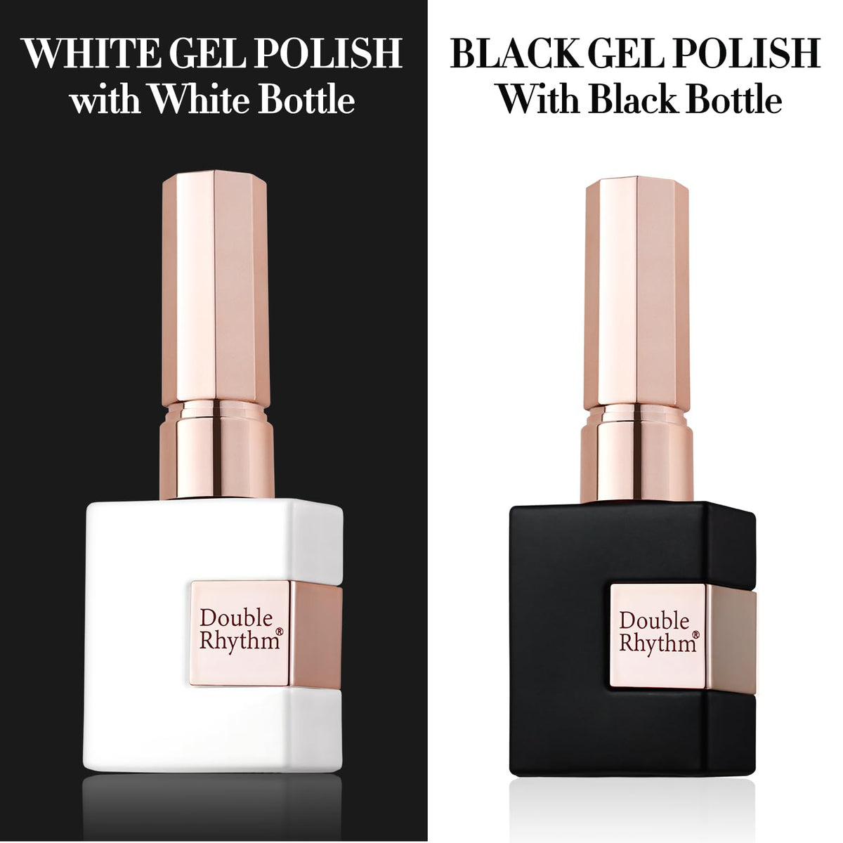 Close-up of Double Rhythm Gel Nail Polish bottles with gold handles