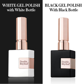 Close-up of Double Rhythm Gel Nail Polish bottles with gold handles