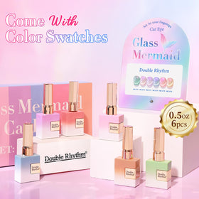 Close-up of Double Rhythm Gel Nail Polish bottles with shimmer effect
