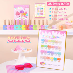 Close-up of Double Rhythm gel polish bottles in pastel shades