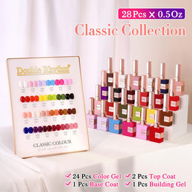 Close-up of Double Rhythm gel polish bottles in red and pink