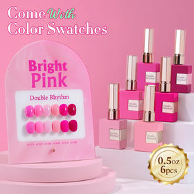 Close-up of Double Rhythm Gel Polish bottles showing vibrant colours