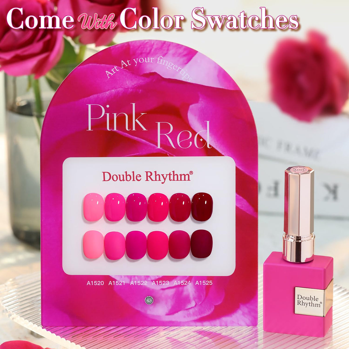 Close-up of Double Rhythm Gel Polish bottles showing vibrant neon shades
