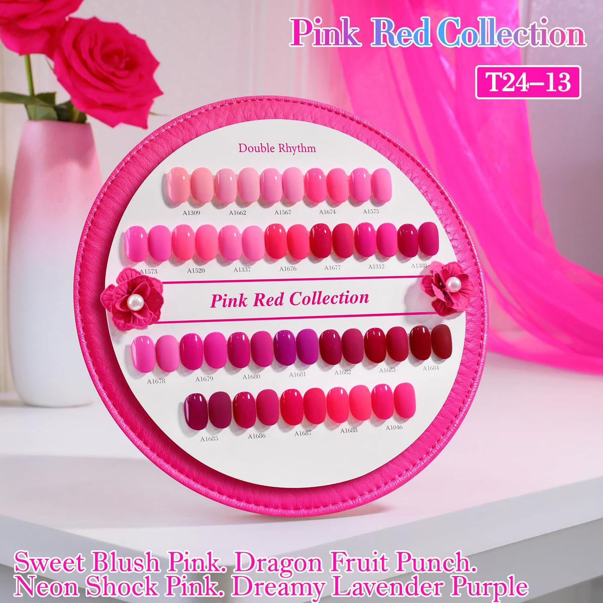 Close-up of Double Rhythm Gel Polish bottles with bright shades