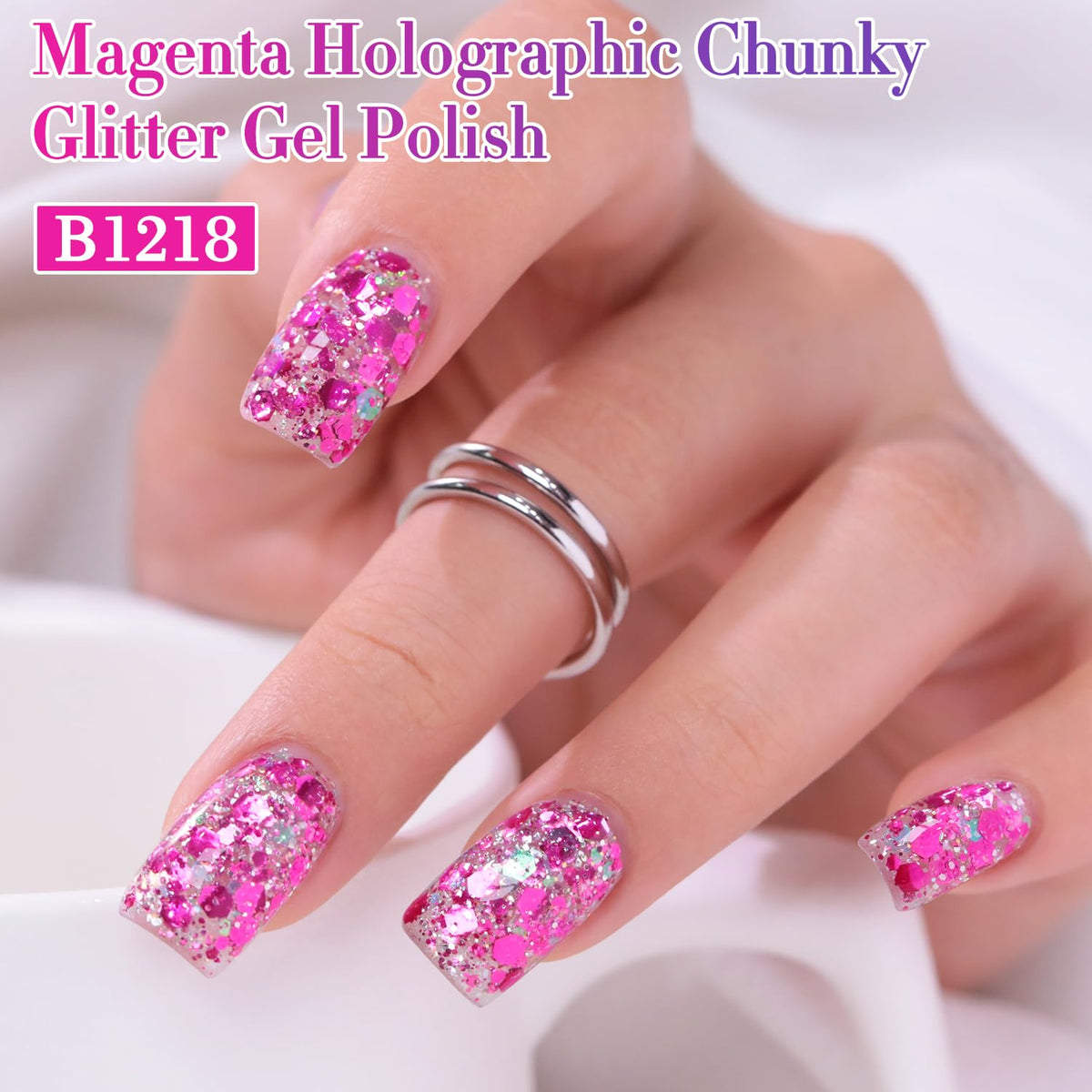 Close-up of Double Rhythm Glitter Gel Polish bottle with shimmer