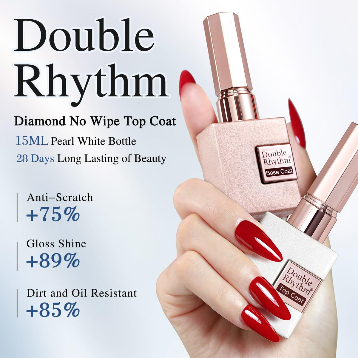 Close-up of Double Rhythm no wipe top coat bottle