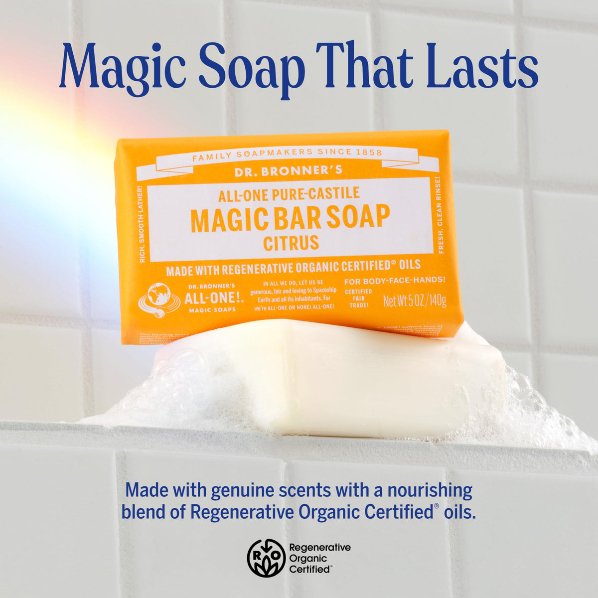 Close-up of Dr. Bronner's Pure-Castile Magic Bar Soap with citrus scent