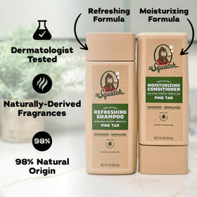 Close-up of Dr. Squatch Men's Natural Conditioner bottle with Pine Tar label