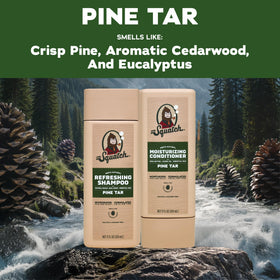 Close-up of Dr. Squatch Men's Natural Shampoo bottle with Pine Tar label